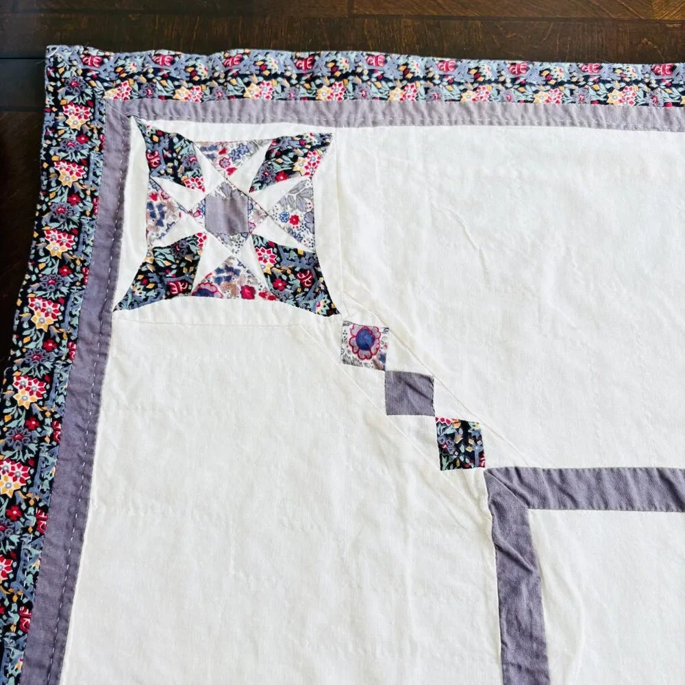 VTG Handmade Patchwork Star Quilt Table Topper Cream Lavender 34X34 Cottagecore
